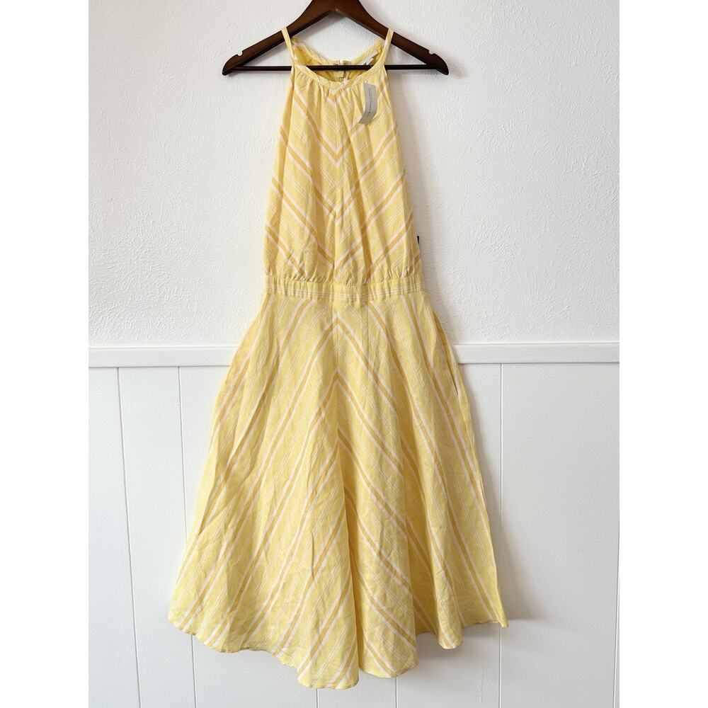 New York & Company Yellow White Stripe Linen Blend Midi Dress Tie Back L